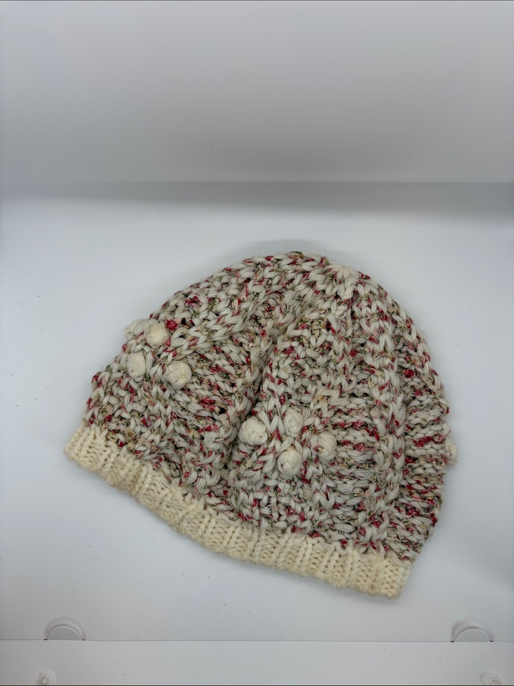 San Diego Hat Company Cream Knit Pom Pom Beanie with Red Accents